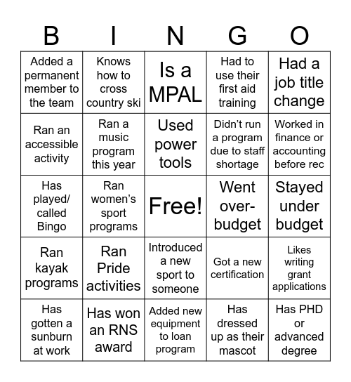 Recreation Bingo Card