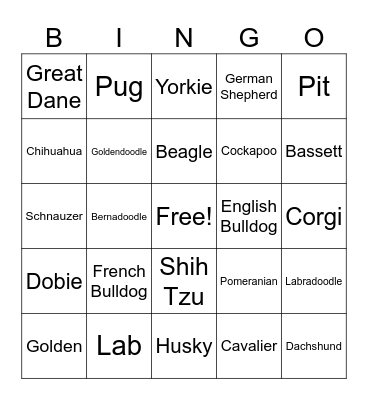 Dog Breed Bingo Card