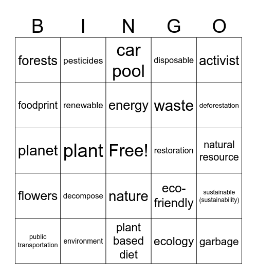 Earth Day Bingo Card
