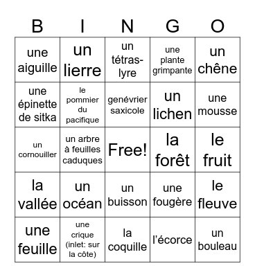La nature et l'environnement Bingo Card