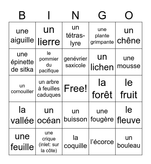 La nature et l'environnement Bingo Card