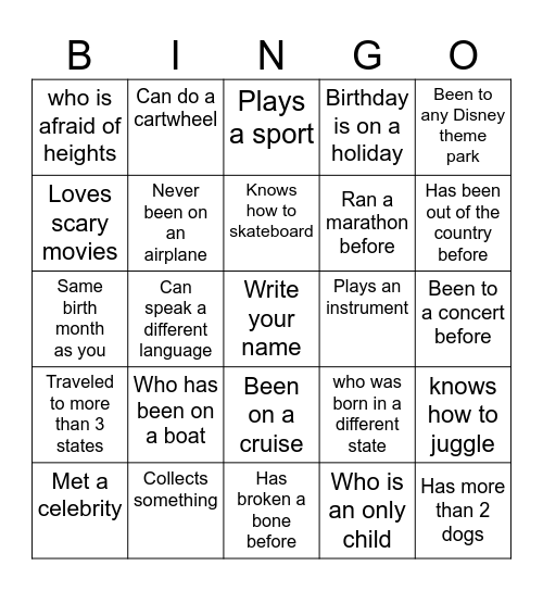 Ice Breaker Bingo Card