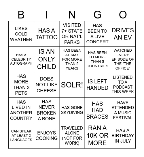 SOLR Team Bingo 2025 Bingo Card