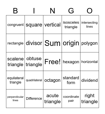 Math Vocabulary Bingo Card