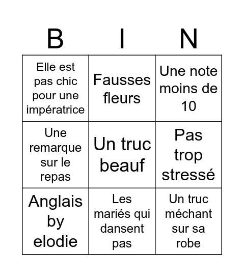 4 mariages Bingo Card