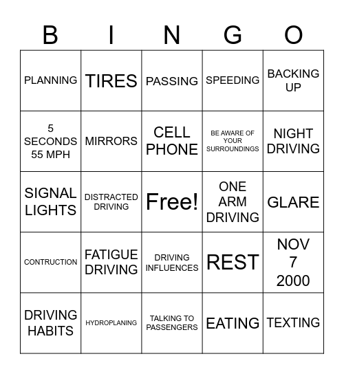 SAFE DRIVING Bingo Card
