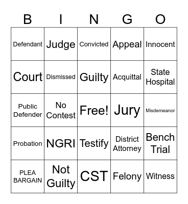 Competency Restoration Bingo Card