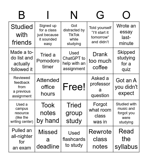 Academic Success Bingo Card