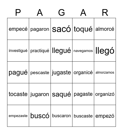 -Car -Gar -Zar Bingo Card