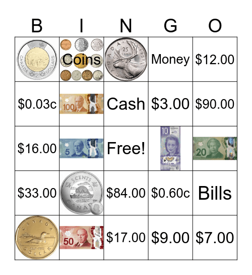 Canadian Money Bingo Card