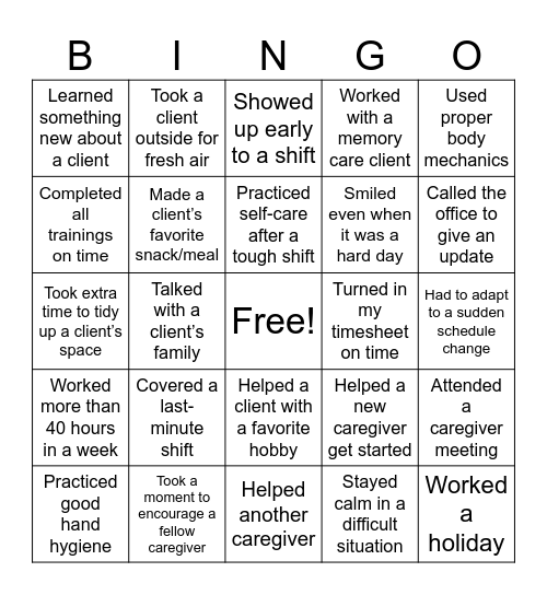 Home Instead Caregiver Bingo Card