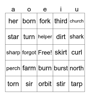R-controlled Vowels Bingo Card