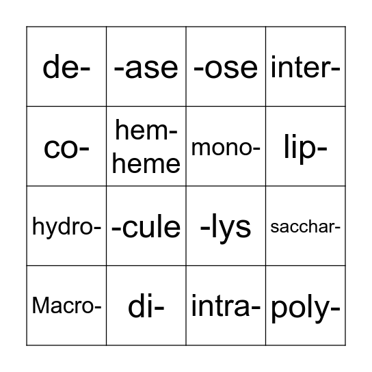 Biology Word Parts Bingo Card