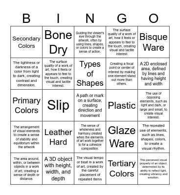 Elements, Principles, Stages of Clay Bingo Card