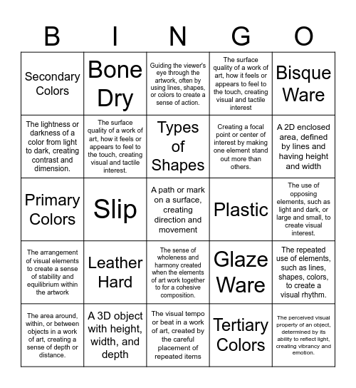 Elements, Principles, Stages of Clay Bingo Card