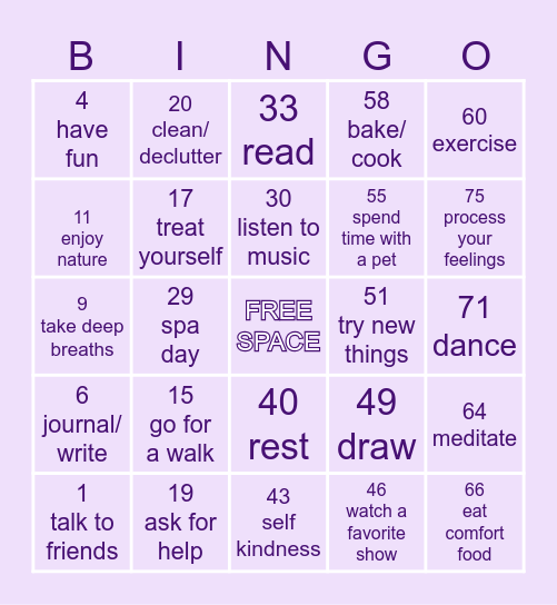 SELF CARE Bingo Card