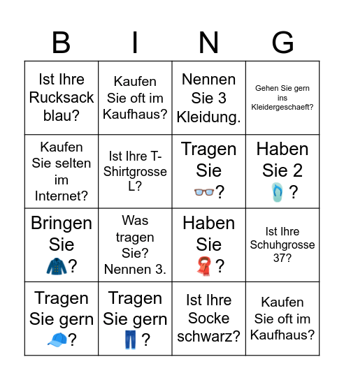Kleidung Bingo Card
