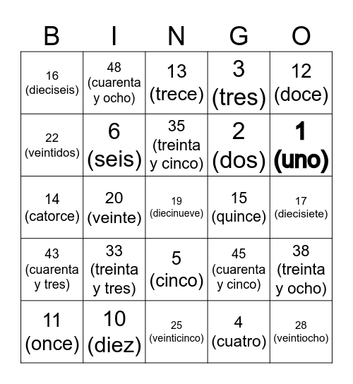 Bingo de Los Numeros de 1 al 50 Bingo Card