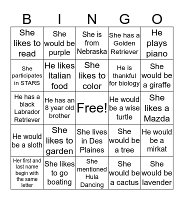 Class Characteristics (007) Bingo Card