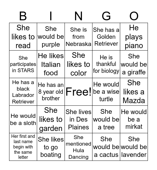Class Characteristics (007) Bingo Card
