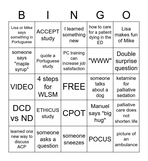 Palliative Care in Critically Ill patients Bingo Card