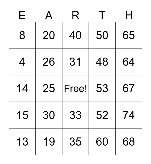 Earth Day Bingo Card