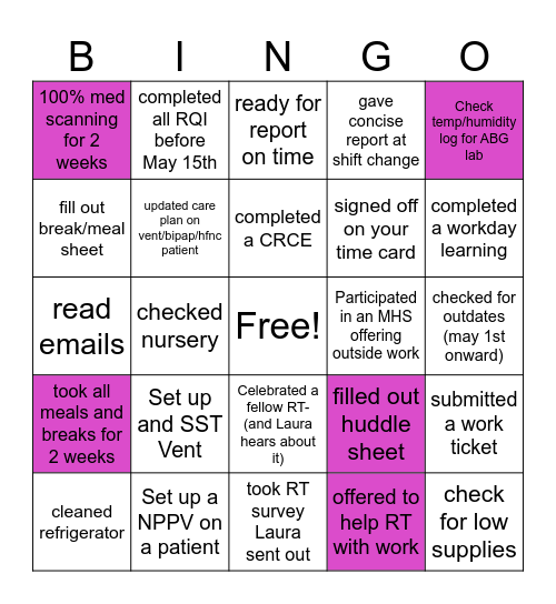 Respiratory Bingo Card