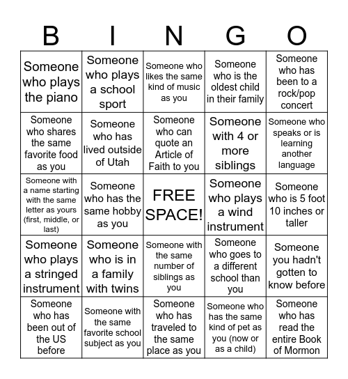 Get-to-know-you Bingo: YOUTH Bingo Card