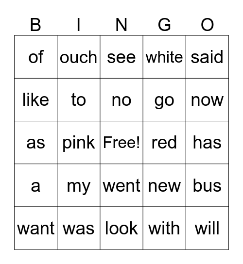 RED Words Bingo Card