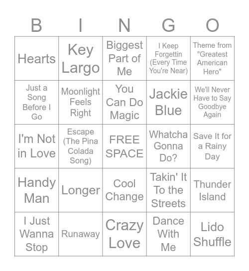 5/25 - 5/26/25 "Yacht Rock" Bingo Card