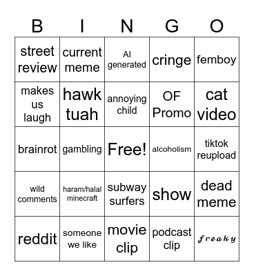 insta reels bingo Card