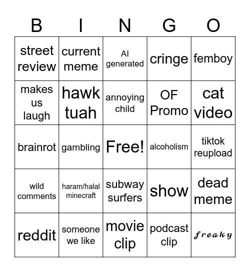 insta reels bingo Card