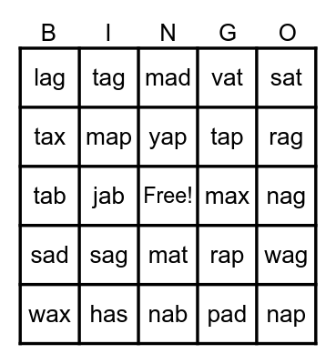 Lesson 35 A - Short A Review Bingo Card