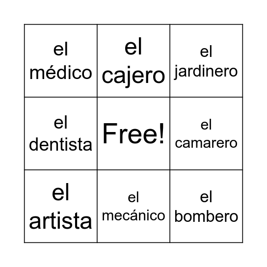 Spanish Jobs Bingo Card