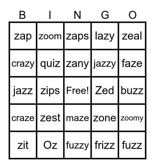 Lesson 34 - z /z/ Bingo Card