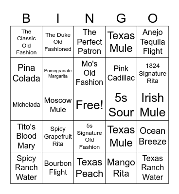 New Alcohol Menu Bingo Card