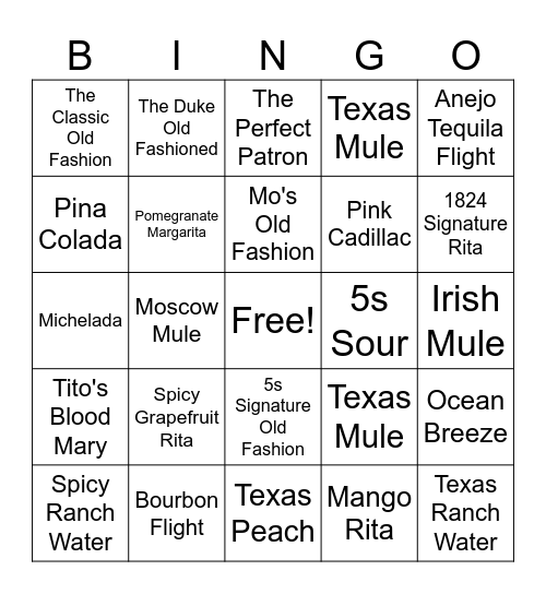 New Alcohol Menu Bingo Card