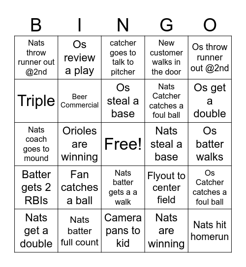 Orioles vs Nats Bingo Card