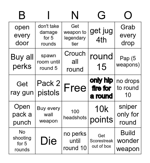COD Zombie Bingo Card