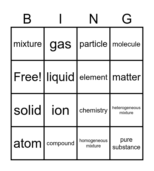 Lesson 1 Matter Bingo Card
