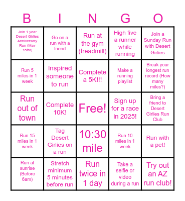 Summer Running Bingo Card