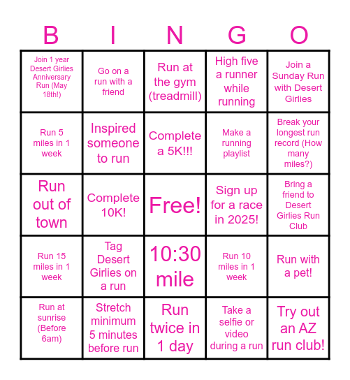 Summer Running Bingo Card