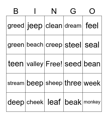 ee, ea, and ey Words Bingo Card