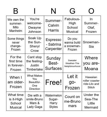 Winter v. Summer Karaoke Bingo! Bingo Card