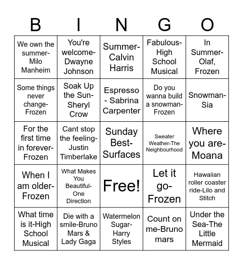 Winter v. Summer Karaoke Bingo! Bingo Card