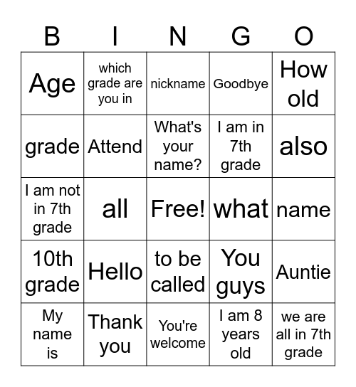 Greeting Bingo Card
