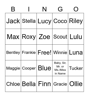 Pet Name Bingo Card