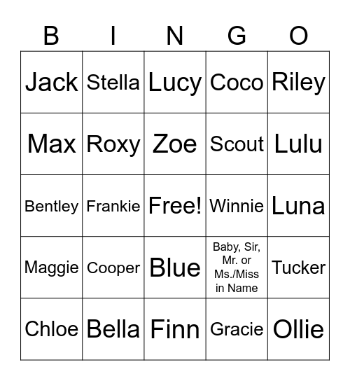 Pet Name Bingo Card