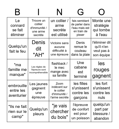 KOH LANTA BINGO Card