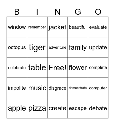 Multi Syllable Bingo Card